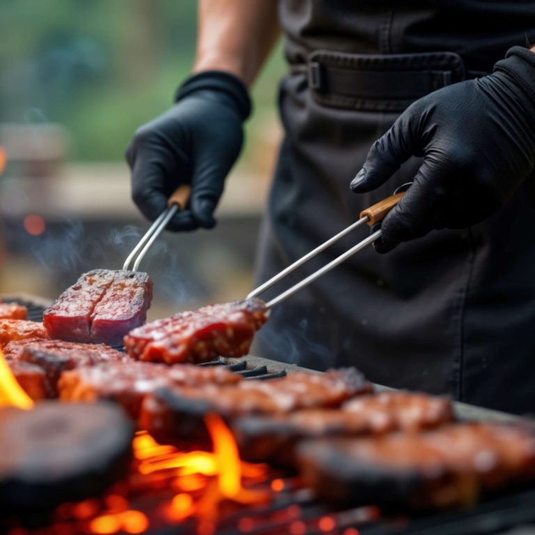 Tablier Barbecue Un chef grille de la viande sur un barbecue avec un tablier noir.