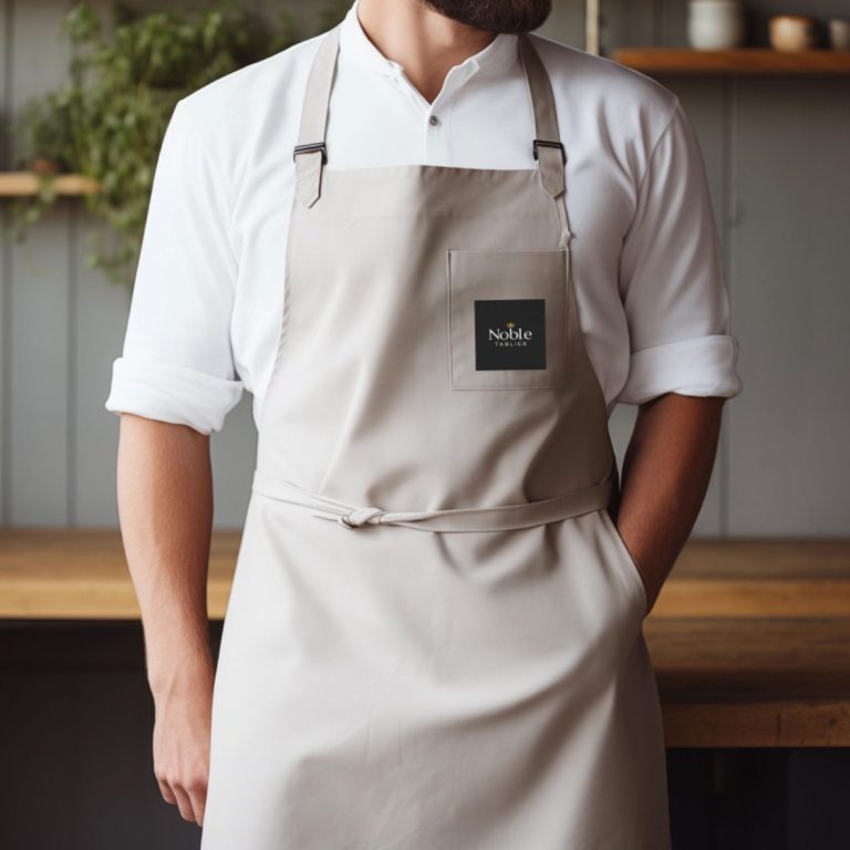 Tablier Homme Homme portant un tablier beige, avec une chemise blanche, dans un cadre chaleureux.