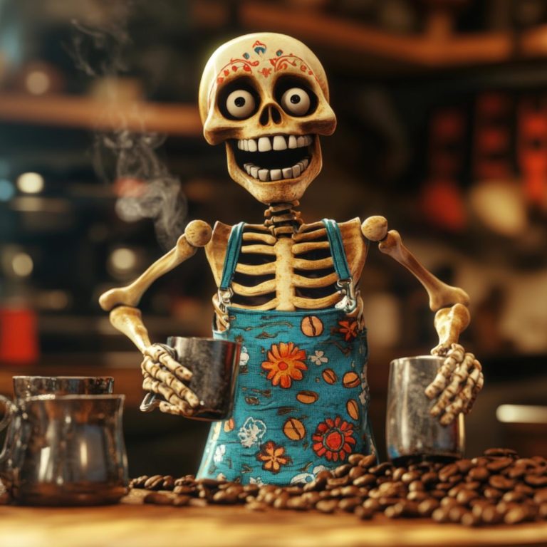 Tablier Marrant Un squelette joyeux avec un tablier coloré tient des tasses, entouré de grains de café.