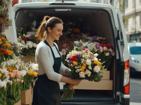 Tablier de Fleuriste Femme fleuriste portant un bouquet de fleurs colorées, près d'un camion de livraison.