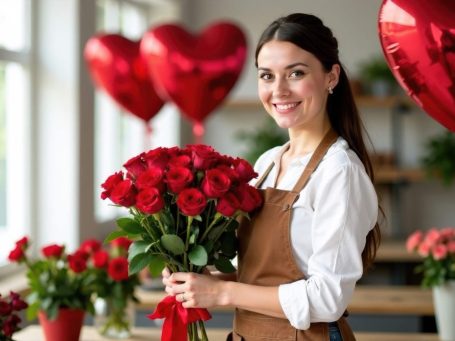 Tablier de Fleuriste Femme souriante tenant un bouquet de roses rouges, avec des ballons cœur en arrière-plan.