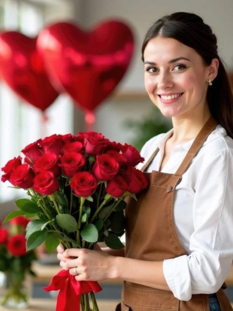 Tablier de Jardinage et Fleuristerie Femme souriante dans une fleuriste, tenant un bouquet de fleurs.