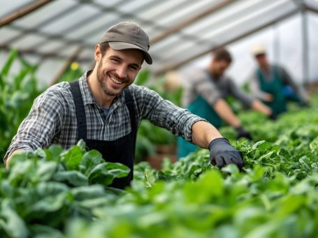 Tablier d'agriculteur Homme souriant dans une serre, cultivant des légumes avec d'autres travailleurs.