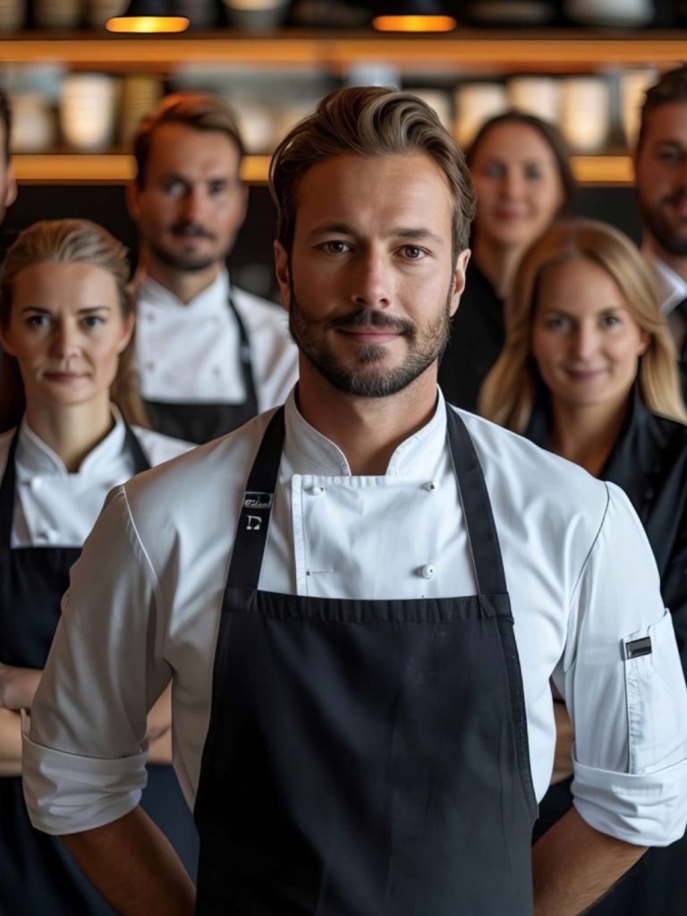 Tablier Professionnel Restauration Groupe de chefs en uniforme, un chef au premier plan, souriant et confiant.