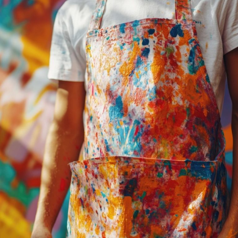 Choix des coloris de Tablier Un homme portant un tablier coloré avec des éclaboussures de peinture.