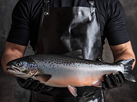 Tablier de Poissonnier Homme en tablier noir tenant un saumon dans ses mains.
