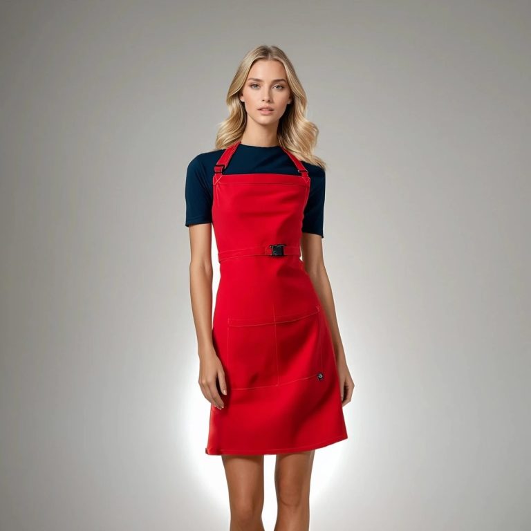 Tablier Rouge Femme en tablier rouge sur fond gris, avec un haut noir.