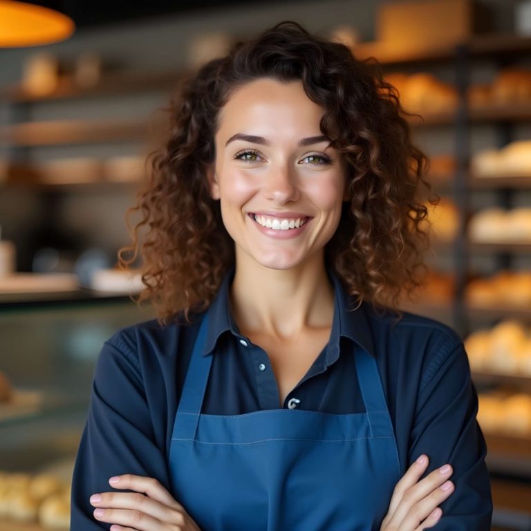Tablier Bleu Femme souriante avec des cheveux bouclés, portant un tablier dans une boulangerie.