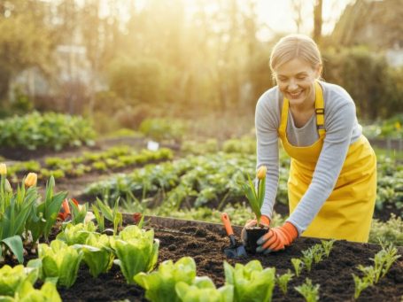 Tablier de jardinage Femme en jardin, plantant des fleurs avec des gants, sous un soleil doux.