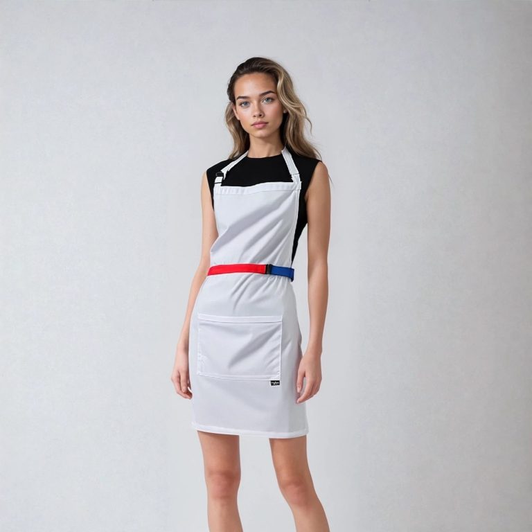 Tablier blanc tricolore Femme portant un tablier blanc avec des ceintures rouge et bleu, sur fond neutre.